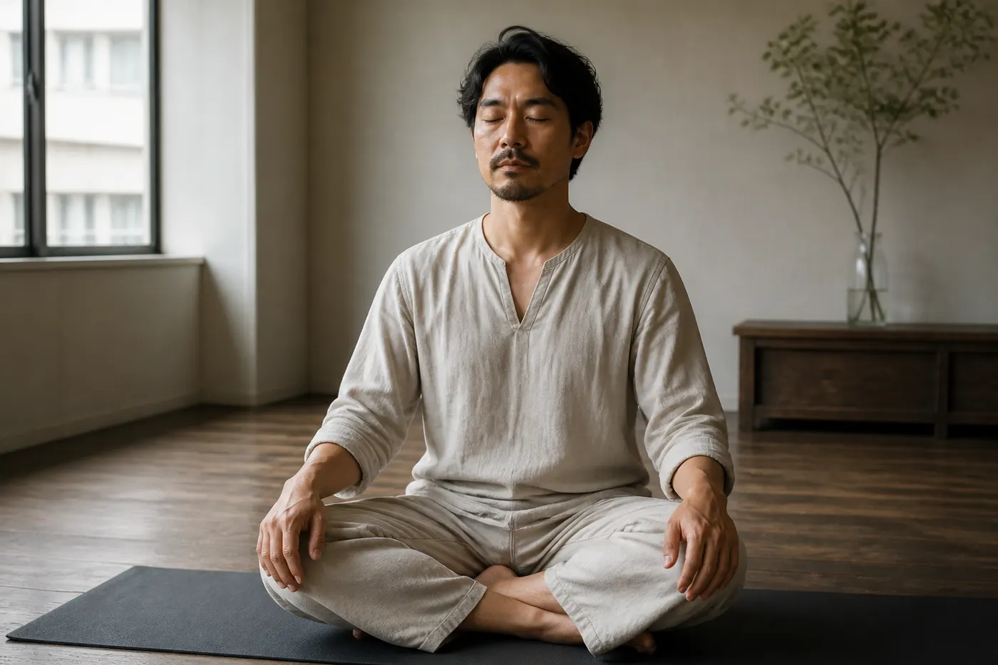 座位で呼吸を確かめている参加者の様子